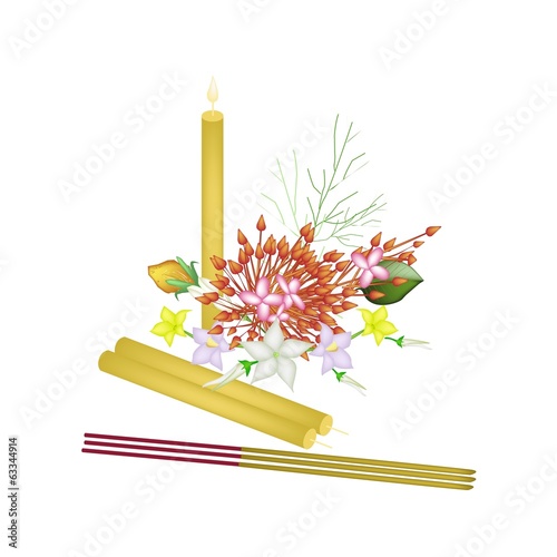 Red Ixora Flowers with Joss Sticks and Candle
