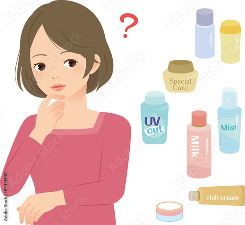 たくさんのスキンケア用品と首をかしげる女性