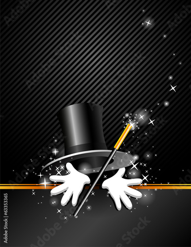 background with top hat, magic wand and hand