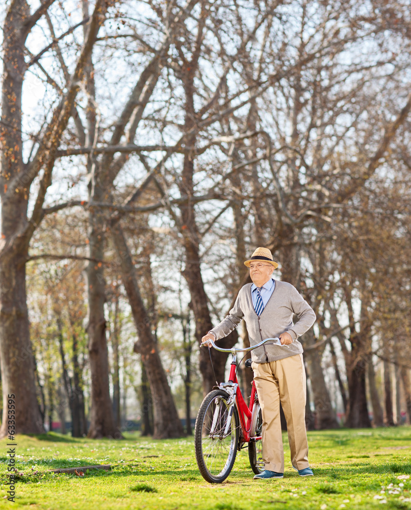 Senior gentleman pushing his bike in the park