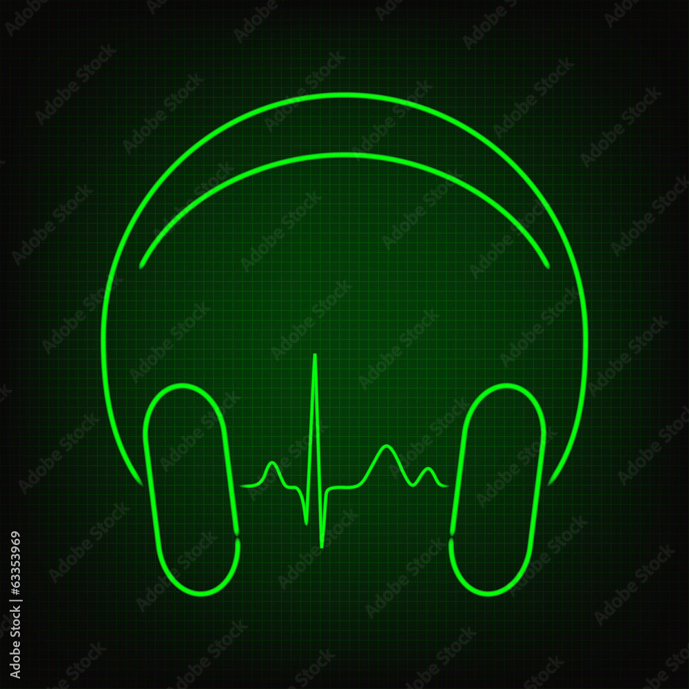 Naklejka premium Bicie serca muzyki. Linia kardiogramu w słuchawkach w stylu neonowym