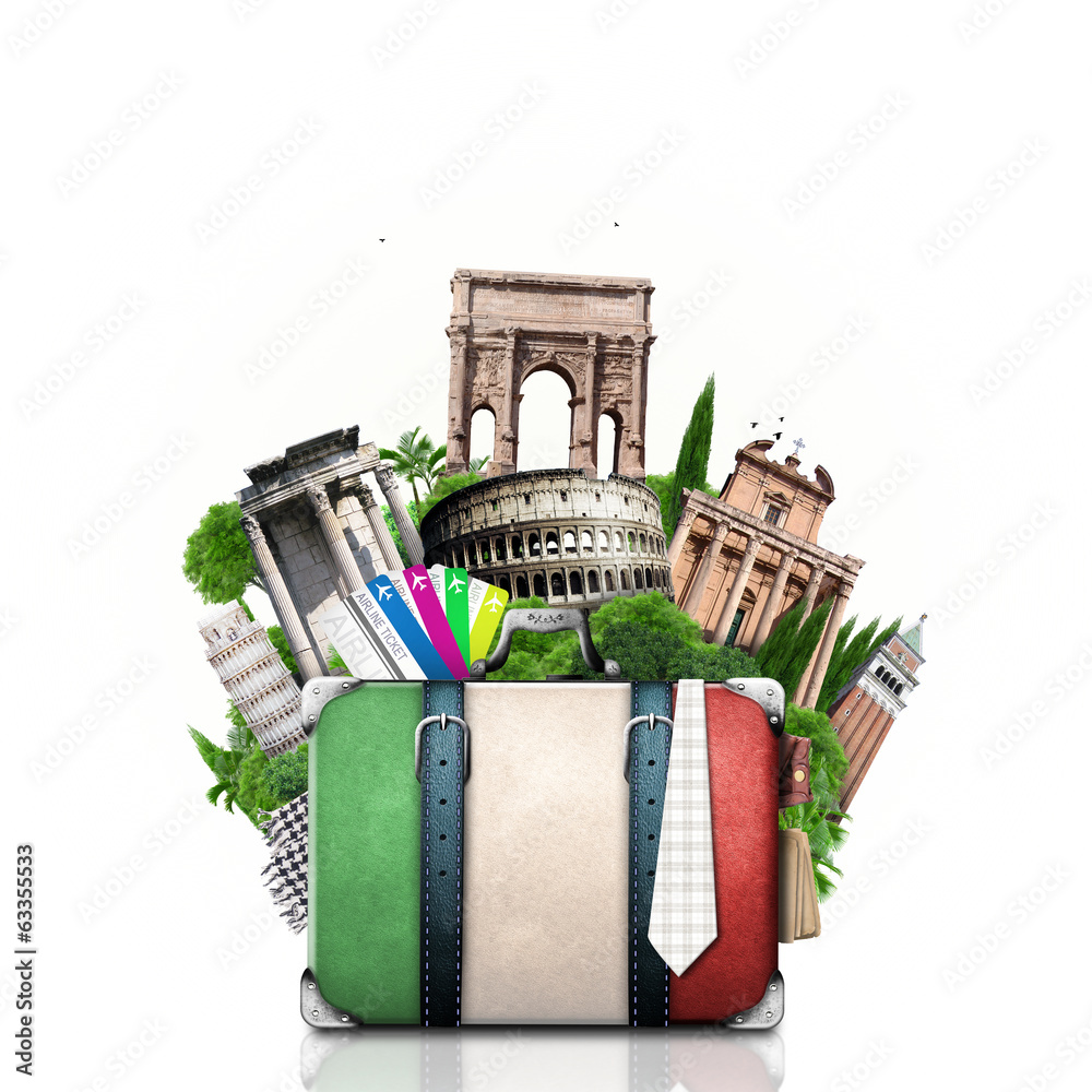 Obraz premium Włochy, atrakcje Włochy i retro walizka, podróż