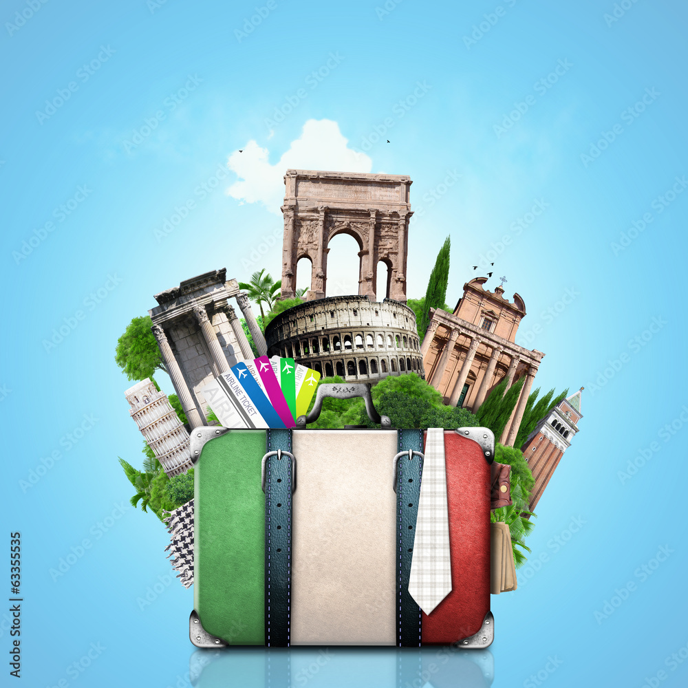 Fototapeta premium Włochy, atrakcje Włochy i retro walizka, podróż
