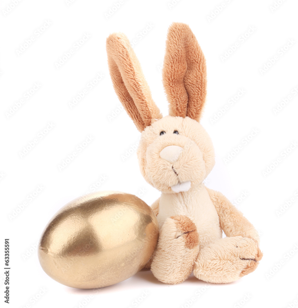 Obraz premium White toy rabbit with golden egg.