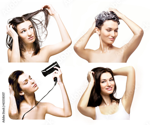 Process of beautiful woman washing and drying her heir