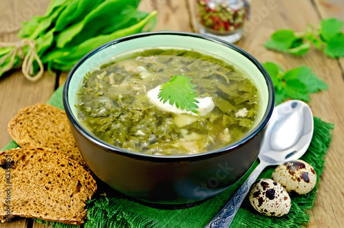 Soup green sorrel and nettles with a spoon on board