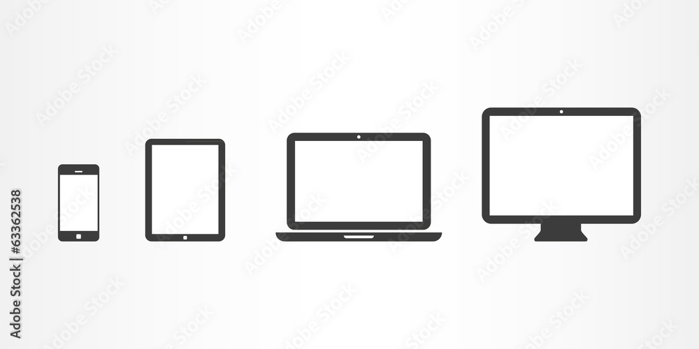 Device icons: smartphone, tablet, laptop and desktop computer - obrazy, fototapety, plakaty 