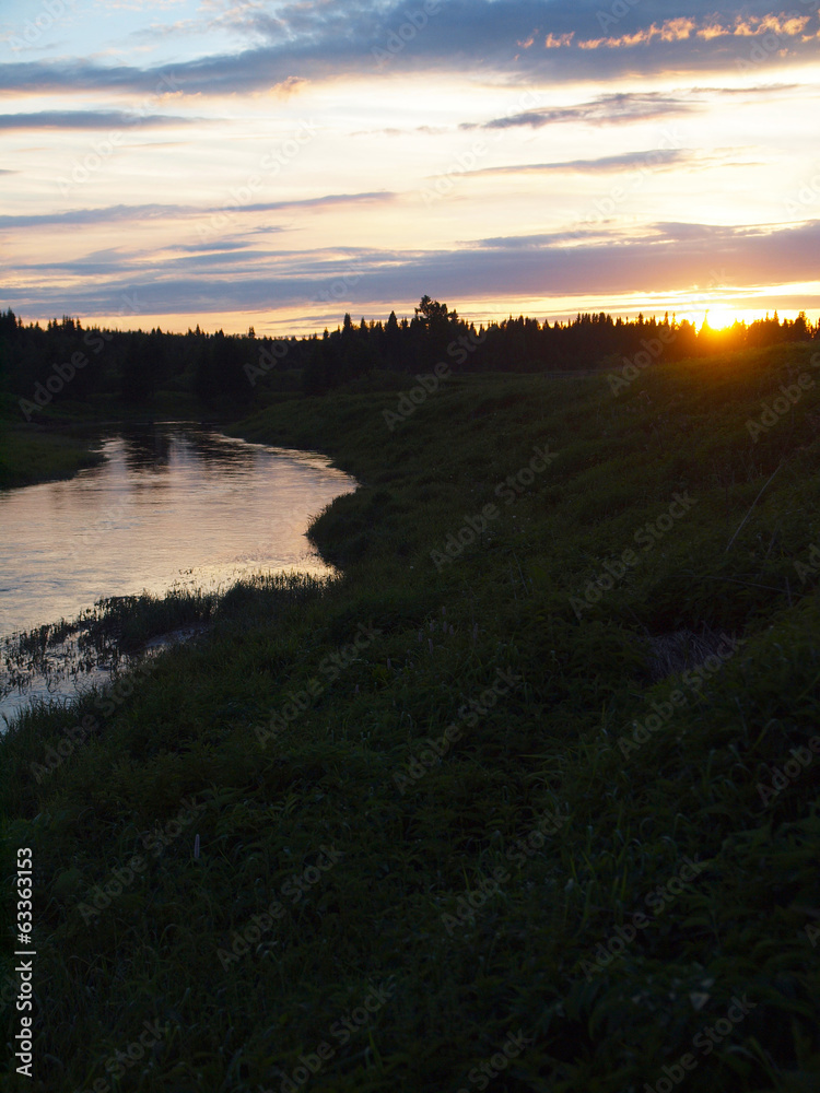 sunset on the river in the Ural