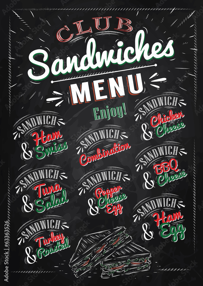 Sandwiches menu the names of sandwiches , ham swiss, chicken