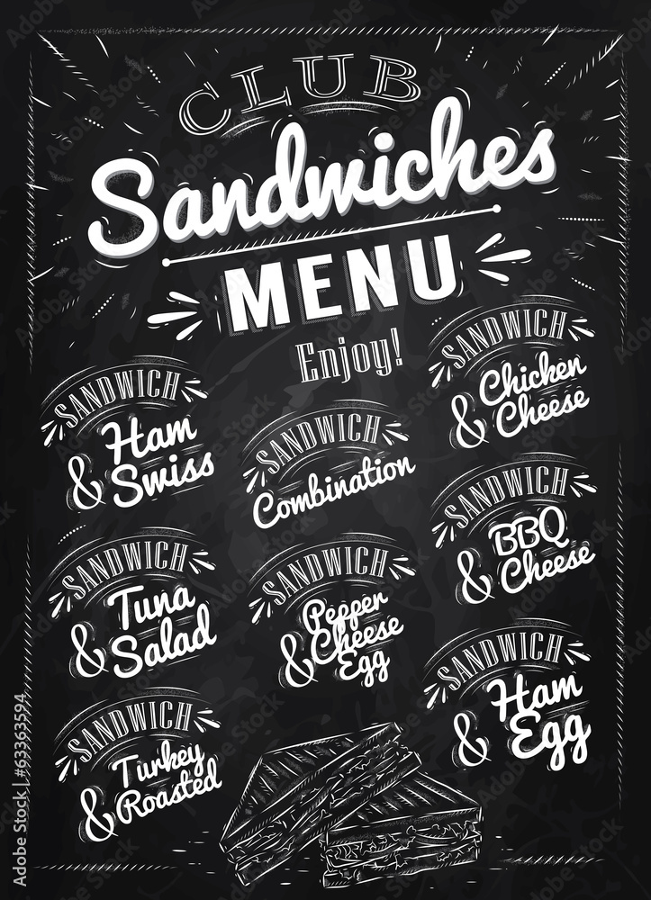 Sandwiches menu the names of sandwiches , ham swiss, chicken