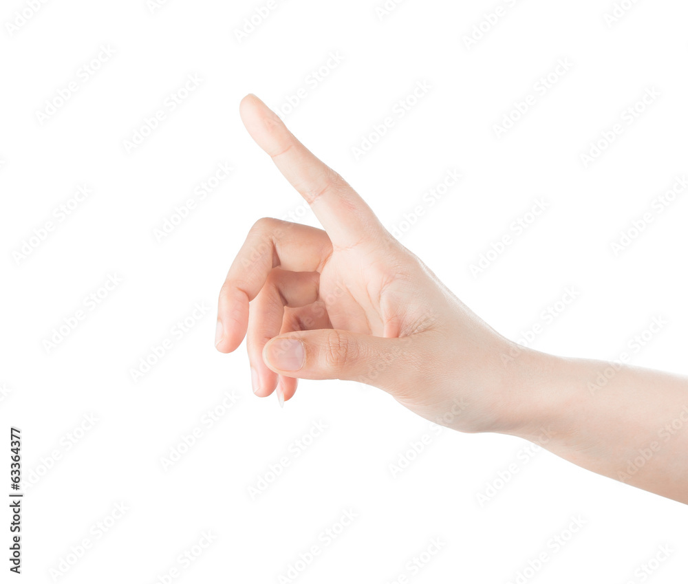 Woman hand touching virtual screen. Isolated on white. Woman hand touching virtual screen. Isolated on white.