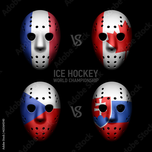 Goalie masks with flags of the Ice Hockey World Championship