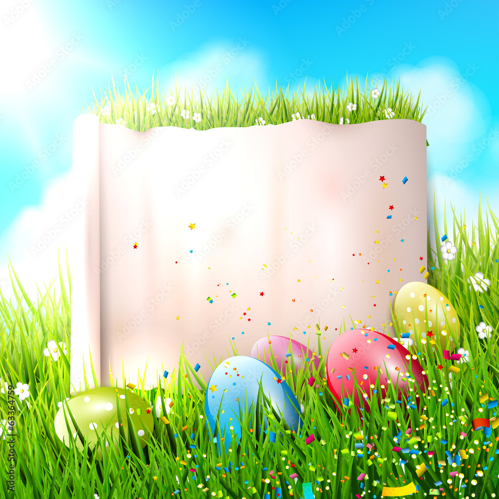 Colorful Easter background with empty paper - obrazy, fototapety, plakaty 