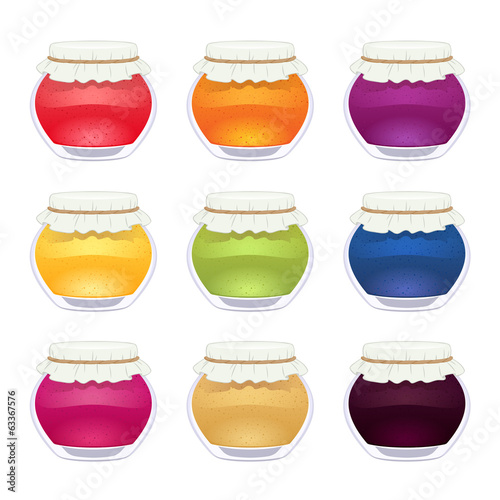 Set of glossy colorful jam jars.