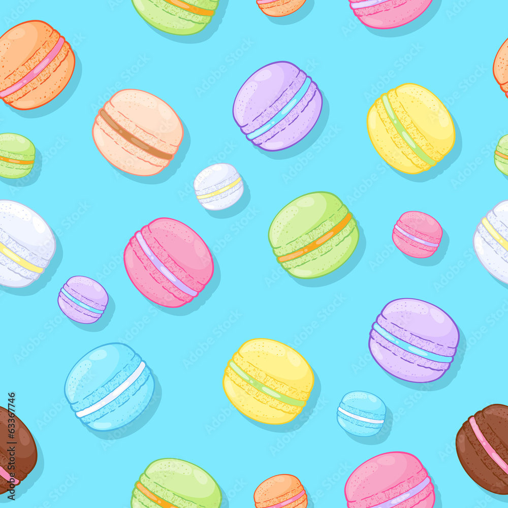 Seamless assorted macarons pattern. Macaroon green background.