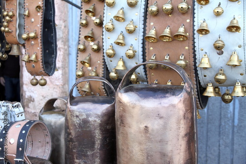 Cowbells on market stall for sale in Cedrillas,Aragon,Spain