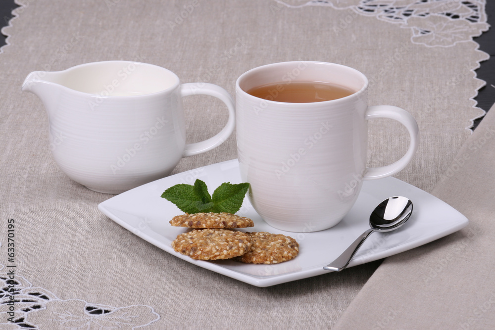 Cookies Made With Sesame, Linseeds And Honey. Tea And Milk