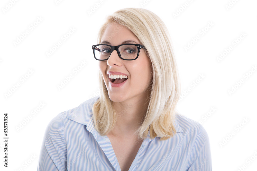Lachende junge Auszubildende mit Brille Lachende junge Auszubildende mit Brille