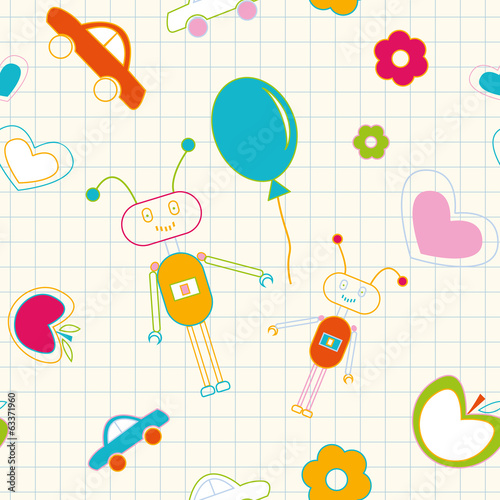 School seamless pattern with doodles of toys