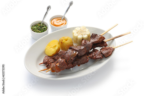 anticuchos, Peruvian cuisine, grilled skewered beef heart meat