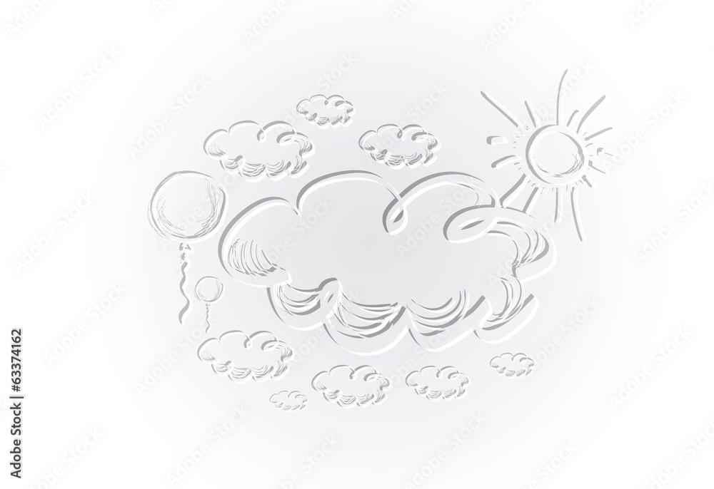 Hand drawing sky with clouds and sun.