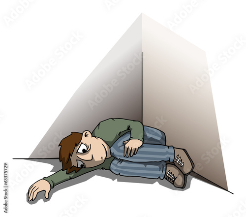 Depressed man, laying in a corner, concept