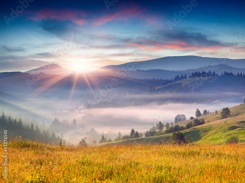 Summer landscape with a mountain village in the mist © Andrew Mayovskyy