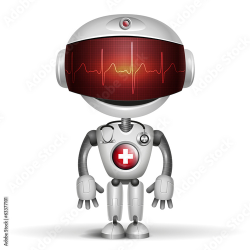 Robot Doctor with stethoscope. Screen indicator show cardiogram