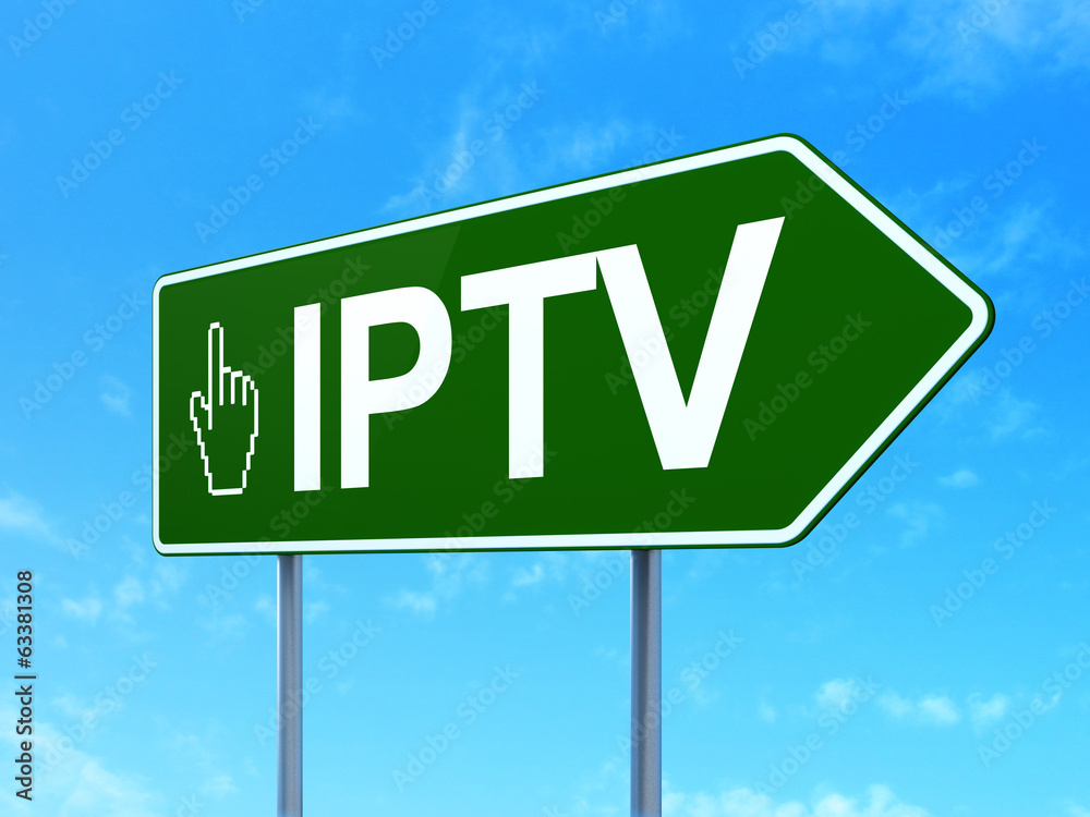 Web development concept: IPTV and Mouse Cursor on road sign Web development concept: IPTV and Mouse Cursor on road sign