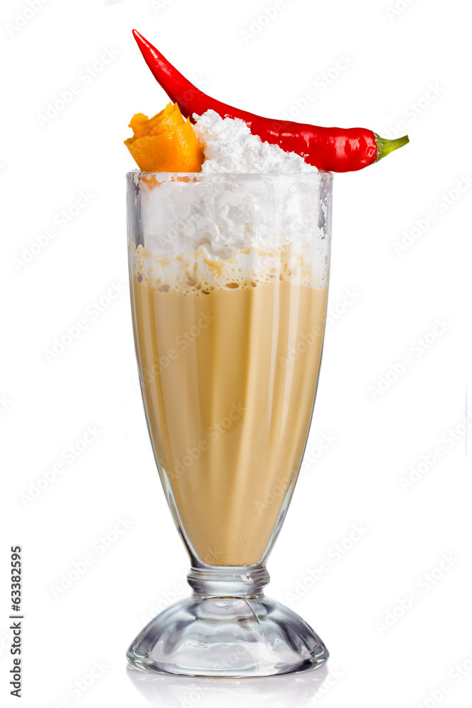 Frappe with cream and spices (chilli, rind) isolated on white Frappe with cream and spices (chilli, rind) isolated on white