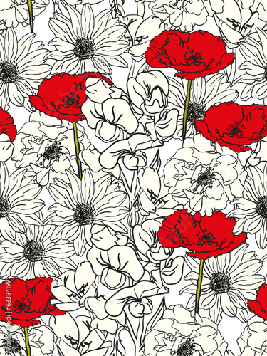 Floral Pattern With Red Poppies On Monochrome Background