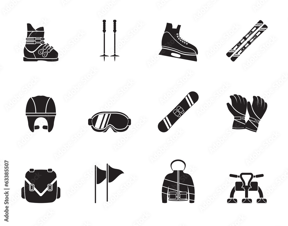 Silhouette ski and snowboard equipment icons - vector icon set