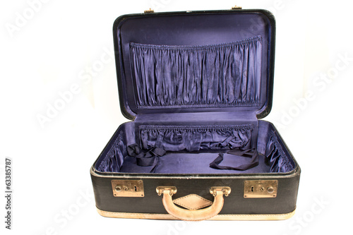 Open vintage suitcase isolate on white