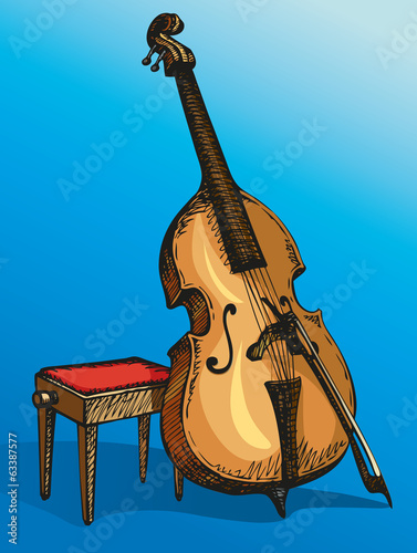 Vector Double Bass with a bow and stool for musician