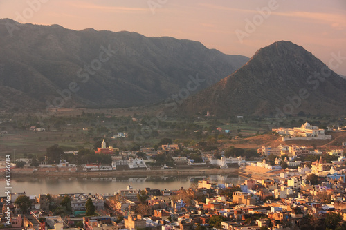 Aerial view of Pushkar city at sunrise, Rajasthan, India