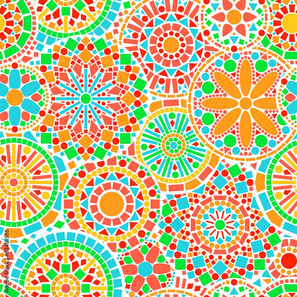Colorful lacy circle flower mandalas seamless pattern