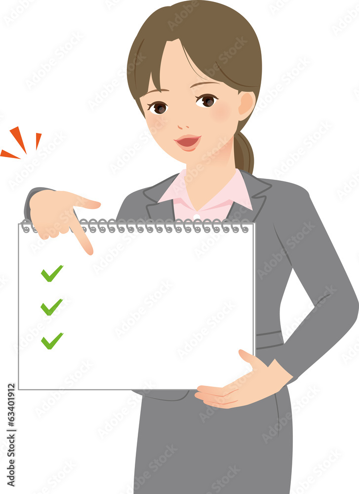ボードを指さすスーツの女性