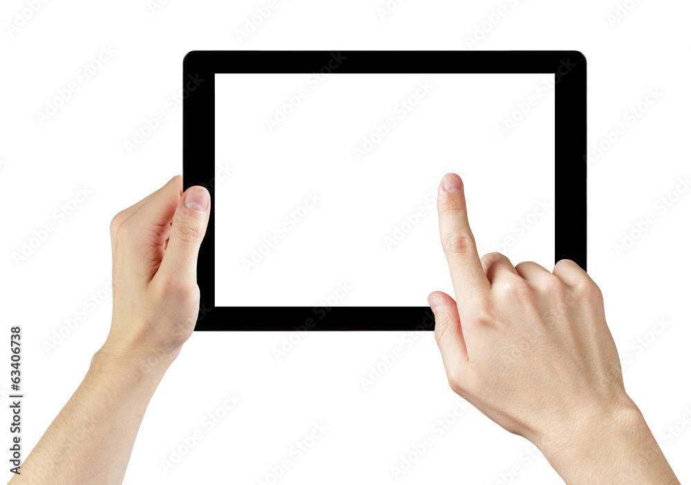adult man hands using generic tablet pc with white screen adult man hands using generic tablet pc with white screen