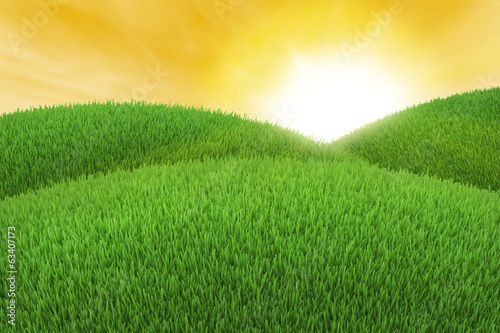 Green hill of grass at sunset