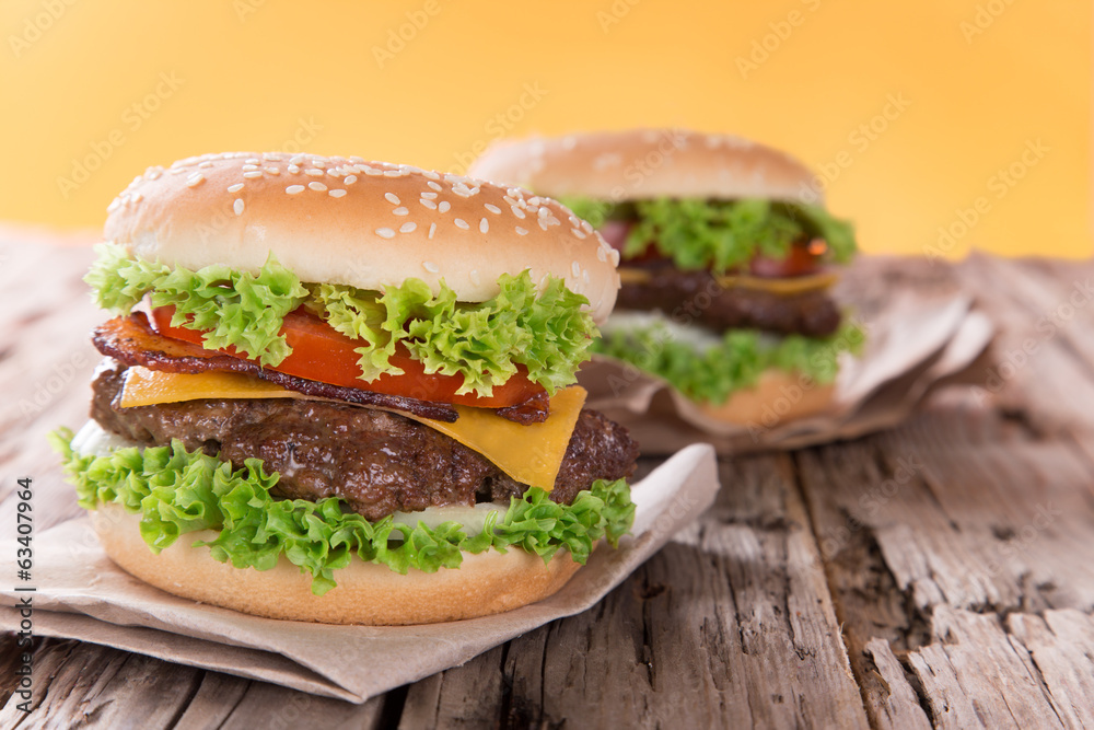 delicious hamburger on wood delicious hamburger on wood