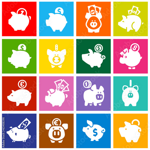 Piggy bank, set white icons on colored squares