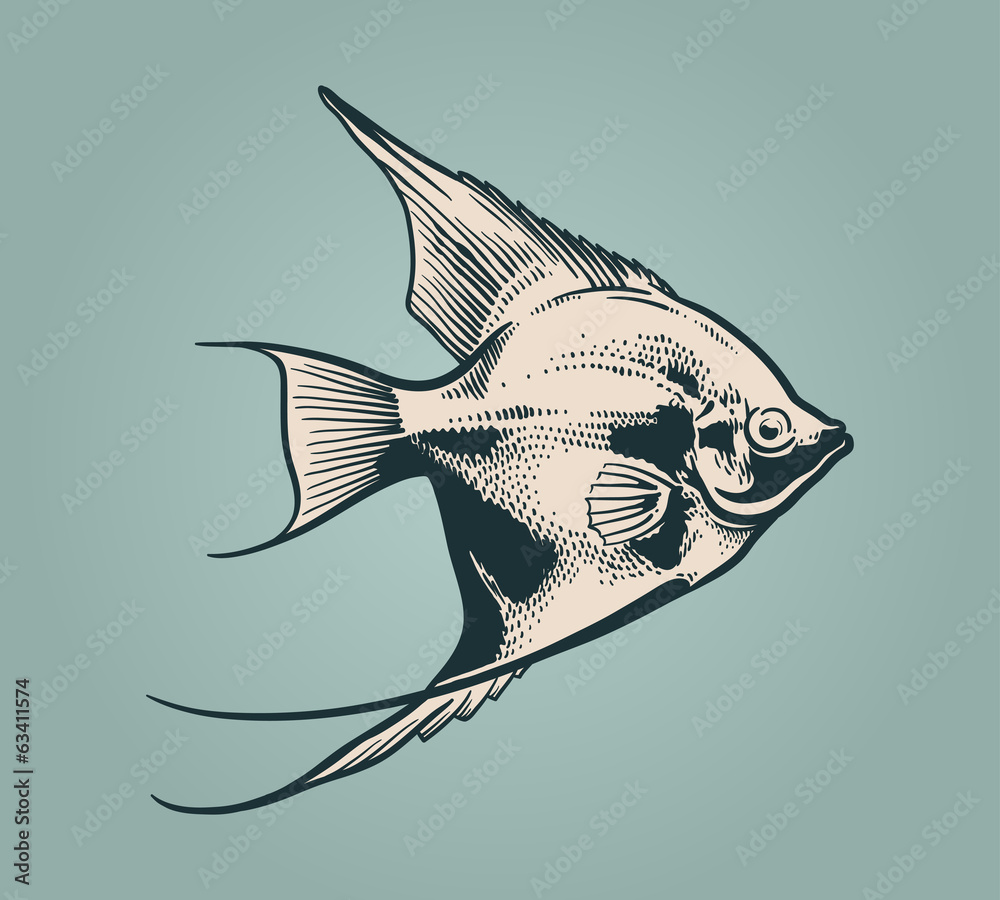 Vector vintage illustration of little fish over blue background