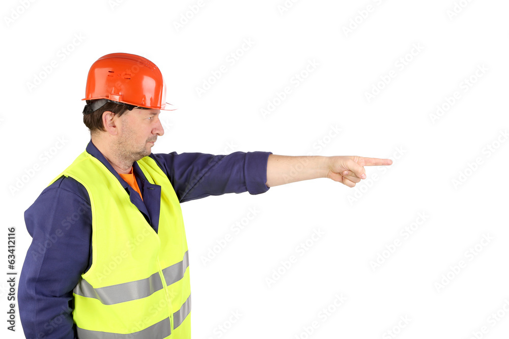 Worker in hard hat with hand up Worker in hard hat with hand up