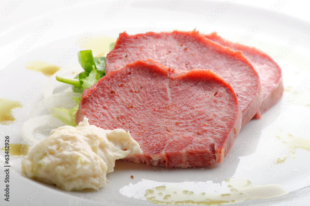 Smoked Beef Tongue with horseradish and salad Smoked Beef Tongue with horseradish and salad