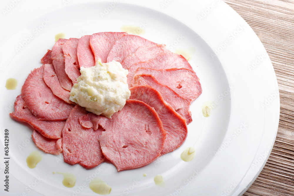 Smoked Beef Tongue with horseradish and salad Smoked Beef Tongue with horseradish and salad