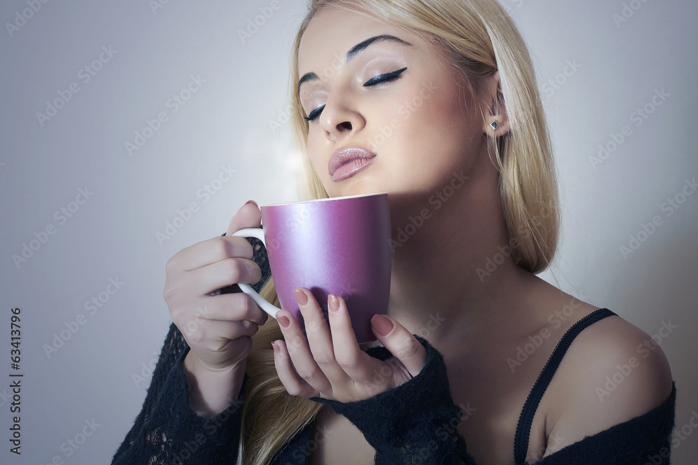 Beautiful Sexy Woman Drinking Coffee Cup Of Tea Hot Drink Stock Photo