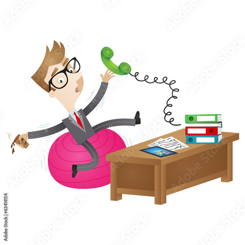 Clumsy cartoon businessman, wobbly exercise ball, desk