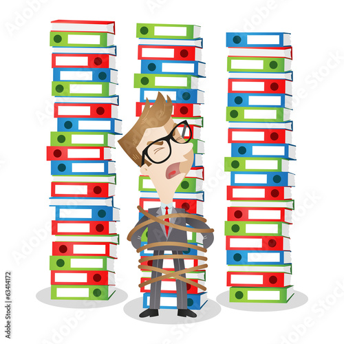 Helpless cartoon businessman tied to stack of binders