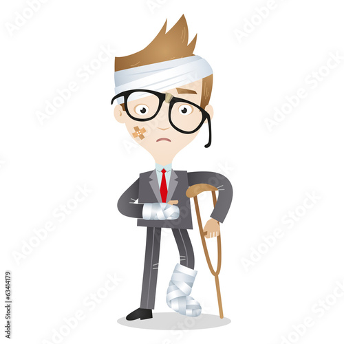 Injured cartoon businessman bandages crutches