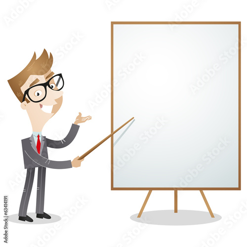 Cartoon businessman explaining pointing blank white board